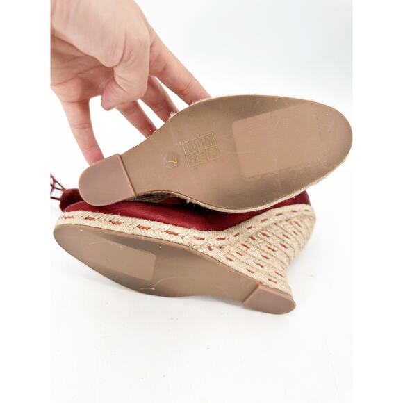 Tory Burch Red Pom Pom Lace Up Satin Wedges Espadrille Size 7 - Picture 4 of 7